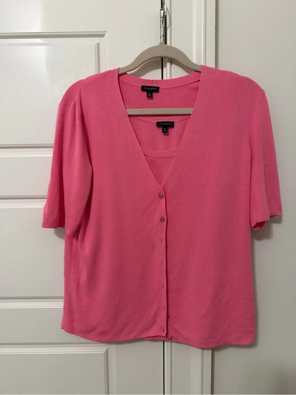 Talbots Hot Pink Short-Sleeve V-Neck Cardigan with Shell